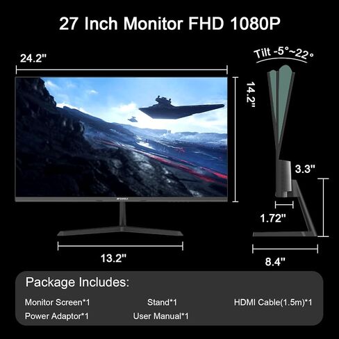 شاشة SANSUI مقاس 27 بوصة، شاشة كمبيوتر IPS 100 هرتز Full HD 1920 x 1080P مع واجهة HDMI VGA للعناية بالعين بدون إطار 100 x 100 مم VESA (ES-27X3AL، كابل HDMI متضمن) (متجدد) in Saudi Arabia