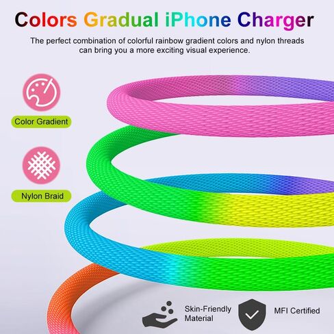 iPhone Charger, [MFi Certified] 6.6ft Colorful Gradual Braided Lightning Cable iPhone Charger Cord USB Fast Charging Data Cable for iPhone 14 13 12 11 Pro Max XR XS X 8 7 6 Plus SE iPad More in Saudi Arabia