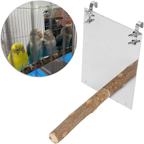 Bird Mirror Toy, Stainless Steel Bird Mirror with Wooden Perch Rod for Parakeet Cockatoo Cockatiel Lovebirds Canaries in Saudi Arabia