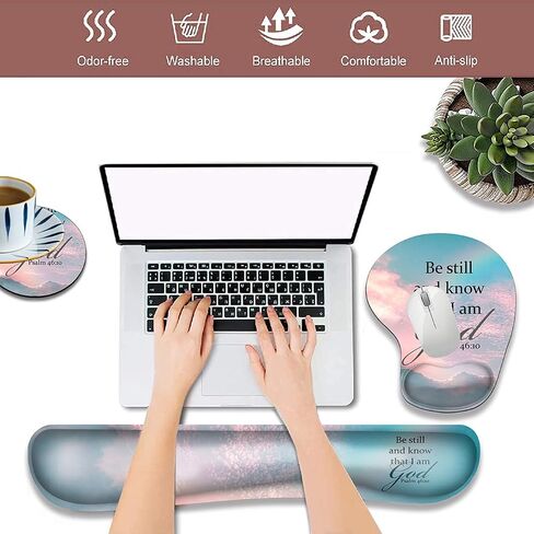 Ergonomically Upgraded Keyboard Wrist Rest and Comfortable Wrist Rest Gel Mouse Pad Set, Non-Slip Rubber Base and Cute Coaster, for Work, Game Home, Quoting Psalm 46:10 in Saudi Arabia