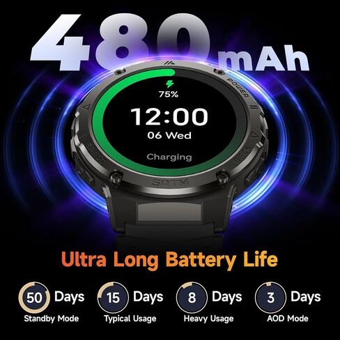 ساعة ذكية للرجال والنساء، جهاز تتبع اللياقة البدنية AMOLED مقاس 1.43 بوصة، ساعة رياضية مقاومة للماء حتى مسافة 50 مترًا مع معدل ضربات القلب/SpO2/مراقب النوم/عداد الخطى، ساعة ذكية عسكرية بقدرة 480 مللي أمبير في الساعة (الرد/الاتصال الهاتفي) لنظام Android iO in Saudi Arabia