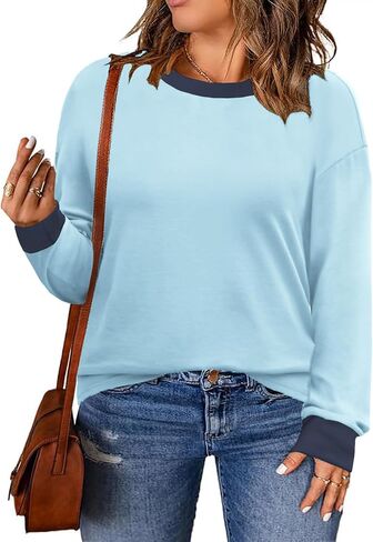 DOLNINE Womens-Plus-Size-Sweatshirts Color Block Long Sleeve Tops Fall Casual Crewneck Shirts Trendy Loose Fit Tunics XL-5XL in Kuwait