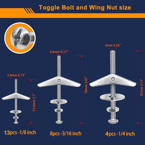 weideer 24 Pcs Wall Anchor Toggle Bolts for Drywall 1/8in 3/16in 1/4in Heavy Duty Metal Drywall Anchors and Screws Assortment Set Toggle Bolts and Wing Nut Kit in Saudi Arabia