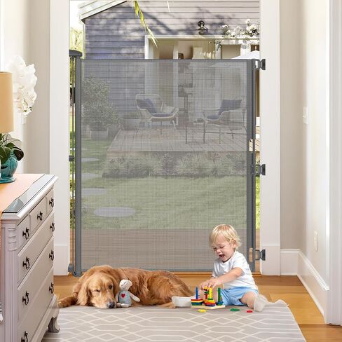 65" Extra Tall Pet Gate Indoor Gate 55" Wide Baby Gate Retractable Dog Gate Outdoor Gates for Decks Retractable Baby Gates for Doorways Tall Dog Gate for Front Door Mesh Gates for Kids or Pets, Gray in Saudi Arabia