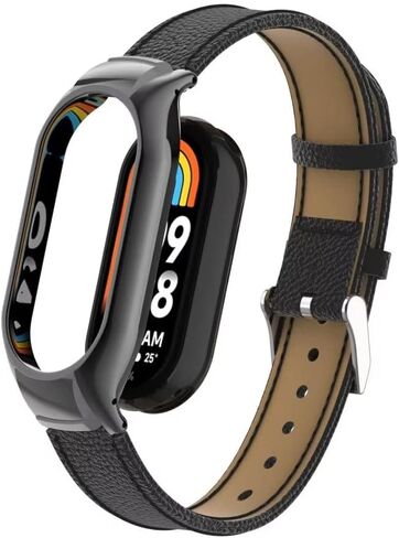 متوافق مع نطاقات Xiaomi Mi Band 8، وإكسسوارات سوار المعصم البديل من الجلد Mi Band 8 مع إطار معدني لـ Xiaomi Mi Band 8 in Kuwait