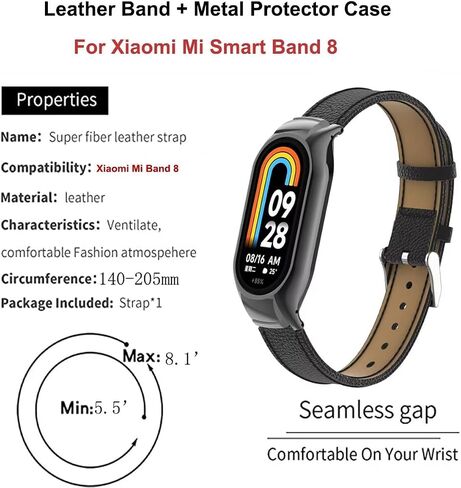 متوافق مع نطاقات Xiaomi Mi Band 8، وإكسسوارات سوار المعصم البديل من الجلد Mi Band 8 مع إطار معدني لـ Xiaomi Mi Band 8 in Kuwait