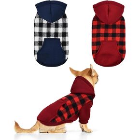 Red Navy Blue Plaid Dog Hoodie Winter Sweatshirt for Dogs Pet Clothes with Cute Pocket Warm Puppy Sweater Sweatshirt for Small Dogs 2Pcs S