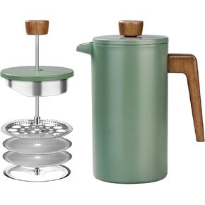 French Press Coffee Maker, 34oz Stainless Steel Green Coffee Press Real Wood Handle, Double Wall Insulated French Coffee Press with Dual-Filter Screen, Perfect for Camping & Kitchen Use
