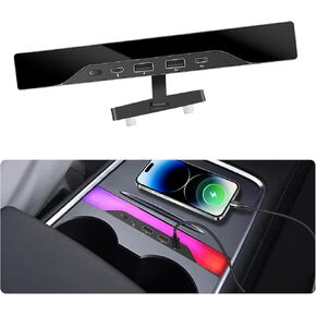 USB Hub for Tesla Model 3/Y Accessories 2024 2023 2022 2021, Multi Port Fast Charger with RGB Ambient Lighting, Docking Station fit Tesla Center Console (Not fit Model 3 2023-2024), Black