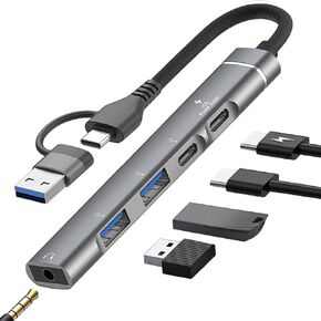 USB C Hub USB 3.0 Hub, 5 in 1 Aluminum USB C to USB OTG Adapter, USB C Splitter with 3.5mm Headphone Jack, 15W PD, USB 3.0, USB 2.0, USB C Ports, USB C Dongle for MacBook Air/Pro,XPS,iMac,iPad Pro
