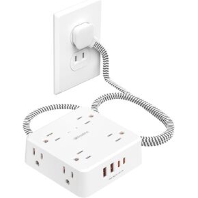 2 Prong Power Strip,WRXDMC 2 Prong to 3 Prong Outlet Adapter,1400J Two Prong Surge Protector,5ft Braided Extension Cord with Thin Flat Polarized Plug,8 AC&4 USB(2 Type-C),Wall Mountable for Old House