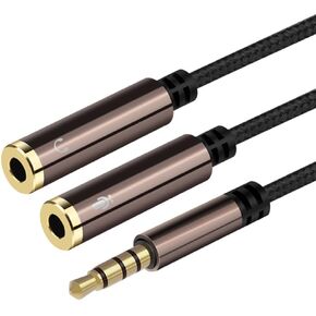 Headphone Splitter, 3.5mm Aux Plug to Dual Jack Headphone Mic Adapter, Stereo Audio Microphone Y Splitter Extension Cable for Laptop, Smartphone, Tablet, Headset, Speaker and More