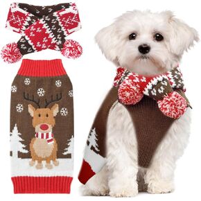 Ugly Christmas Dog Sweaters Set for Small Medium Dogs Knitted Reindeer Pet Clothes Jumpers with Scarf Xmas Dog Accessories Apparel,M