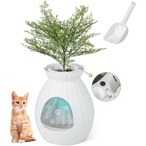 PETSITE White Plant Litter Box, Cat Hidden Litter Box Enclosure with Artificial Plant, Advanced Odor Removal System, Detachable Door Curtain, Cat Litter Scoop, Large Planter Litter Box