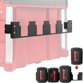 4 Slots Battery Holder Compatible with Milwaukee M18 Battery,Effortless Side Storage Solution Fit for Milwaukee Packout System,Corner Rail clips Including,Securely Store Your Batteries with Ease