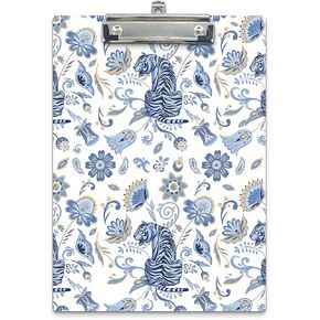 Floral Clipboard, Vintage Blue Floral Chinoiserie Wooden Clip Boards for Office Classroom Teacher Student Nurse Doctor, Floral Office Supplies, Standard A4 Letter Size 9x12.6 Inch