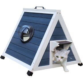 Deblue Weatherproof Cat House for Feral Cats, Outdoor Cat House for Small Cats, Unique Wooden Cat Shelter with Escape Door, Clear Window Fits for Small Pets - Grey