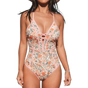 CUPSHE Women's One Piece Swimsuit Plunging V Neck Bathing Suit Crisscross Back Tie Slimming Sculpting Color Block