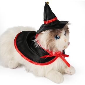 Halloween Pet Costume, with Cloak and Wizard Hat Cat Wizard Costume Dog Cape Cat Clothes Dog Witch Costume Halloween Pet Vampire Cloak for Small Cats Dogs (Black + Red)