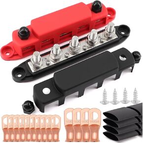 Bus Bar 12V 300A Power Distribution Block 5 x 3/8" Studs 12 Volt Automotive Marine Battery Busbar Terminal Block with Cover and Wire Lugs - Negative&Positive