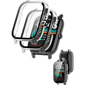 P66D/P66E1.85" Smartwatch Case with Screen Protector, Built-in 9H Tempered Glass Film Hard PC Bumper Full Coverage Protective Cover, for Nerunsa/Dotn/Aptkdoe/Ddidbi SmartWatch 2 Pack (Clear/Clear)