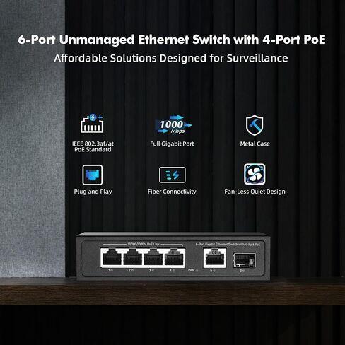 YuLinca 6 Port Mini Gigabit PoE Switch مع 4 منافذ PoE+، 1 Gigaibt RJ45 Uplink، 1 Gigabit SFP، IEEE802.3af/at، بحد أقصى 65 وات، محول إيثرنت توصيل وتشغيل بدون مروحة معدنية in Kuwait