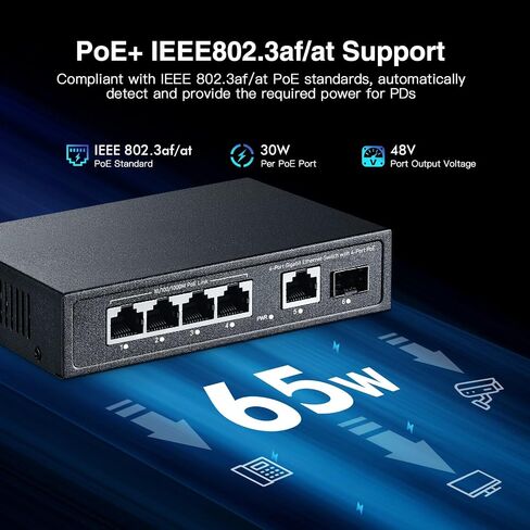 YuLinca 6 Port Mini Gigabit PoE Switch مع 4 منافذ PoE+، 1 Gigaibt RJ45 Uplink، 1 Gigabit SFP، IEEE802.3af/at، بحد أقصى 65 وات، محول إيثرنت توصيل وتشغيل بدون مروحة معدنية in Kuwait