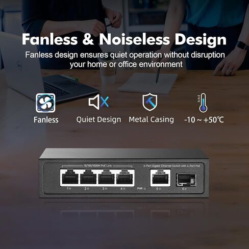 YuLinca 6 Port Mini Gigabit PoE Switch مع 4 منافذ PoE+، 1 Gigaibt RJ45 Uplink، 1 Gigabit SFP، IEEE802.3af/at، بحد أقصى 65 وات، محول إيثرنت توصيل وتشغيل بدون مروحة معدنية in Kuwait