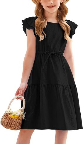 Arshiner Toddler Cotton Linen Dress Summer Casual Party Double-Ruffle Sleeves Dresses 2-6Y in Kuwait