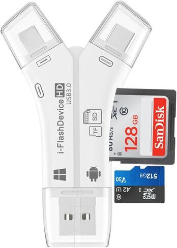 قارئ بطاقات USB 3.0 SD/Micro SD 4 في 1 لأجهزة iPhone، وiPad، وAndroid، وMac، والكمبيوتر، والكاميرا، وعارض كاميرا Trail، ومحول قارئ بطاقات الذاكرة المحمول لشحن iPhone ipad in Kuwait
