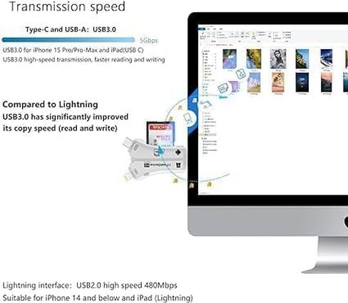 قارئ بطاقات USB 3.0 SD/Micro SD 4 في 1 لأجهزة iPhone، وiPad، وAndroid، وMac، والكمبيوتر، والكاميرا، وعارض كاميرا Trail، ومحول قارئ بطاقات الذاكرة المحمول لشحن iPhone ipad in Kuwait