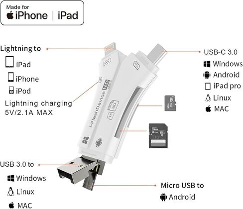 قارئ بطاقات USB 3.0 SD/Micro SD 4 في 1 لأجهزة iPhone، وiPad، وAndroid، وMac، والكمبيوتر، والكاميرا، وعارض كاميرا Trail، ومحول قارئ بطاقات الذاكرة المحمول لشحن iPhone ipad in Kuwait