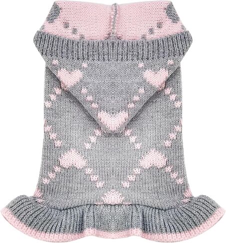 Dog Sweaters for Small Dogs with Leash Hole Puppy Knitted Sweaters with Hat for Girls Warm Dog Sweater Long Dress Pullover Knitwear Pet Sweater for Fall Winter(Grey Pink XS) in Saudi Arabia