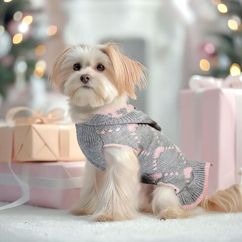 Dog Sweaters for Small Dogs with Leash Hole Puppy Knitted Sweaters with Hat for Girls Warm Dog Sweater Long Dress Pullover Knitwear Pet Sweater for Fall Winter(Grey Pink XS) in Saudi Arabia