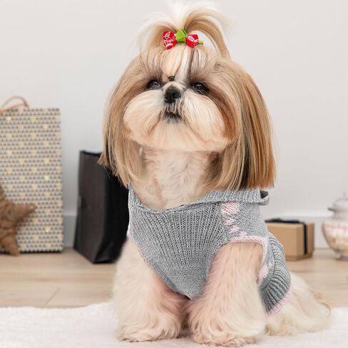 Dog Sweaters for Small Dogs with Leash Hole Puppy Knitted Sweaters with Hat for Girls Warm Dog Sweater Long Dress Pullover Knitwear Pet Sweater for Fall Winter(Grey Pink XS) in Saudi Arabia