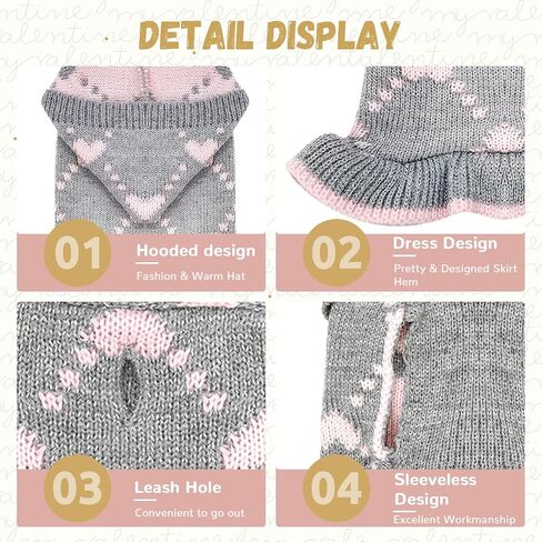 Dog Sweaters for Small Dogs with Leash Hole Puppy Knitted Sweaters with Hat for Girls Warm Dog Sweater Long Dress Pullover Knitwear Pet Sweater for Fall Winter(Grey Pink XS) in Saudi Arabia