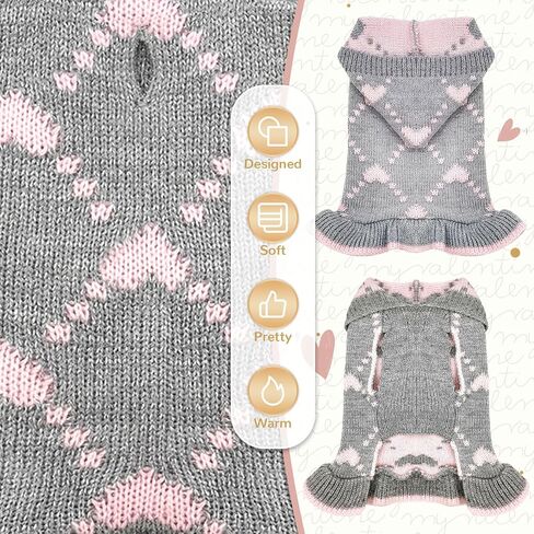 Dog Sweaters for Small Dogs with Leash Hole Puppy Knitted Sweaters with Hat for Girls Warm Dog Sweater Long Dress Pullover Knitwear Pet Sweater for Fall Winter(Grey Pink XS) in Saudi Arabia
