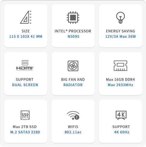 كمبيوتر صغير Beelink، Celeron N5095 (يصل إلى 2.9 جيجا هرتز) كمبيوتر صغير، 8 جيجا DDR4 و256 جيجا SSD كمبيوتر صغير قابل للتوسيع، متضمن HDMI مزدوج 4K، WiFi5، BT5.0، جيجابت إيثرنت، نظام تشغيل، حامل مثبت على الحائط in Kuwait