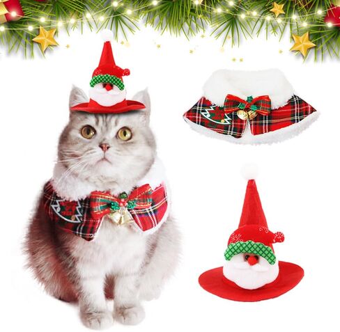 Cat Christmas Outfit Cloak and Santa Hat, Cats Small Dogs Kitten Christmas Costume Warm Xmas, Pet New Year Clothes Jingle Bell Scarf Cape Apparel (Bell Style, L (11-16.5lbs)) in Saudi Arabia
