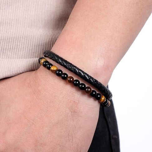 Natural Agate Stone Leather Beaded Bracelets, Volcanicx Wellness & Relief Bracelet, Volcanicx Menopause Magtherapy Bracelet Humanic+ Maxhematie Lymph Detox Slimming Jewelry Gift For Men Women in Kuwait