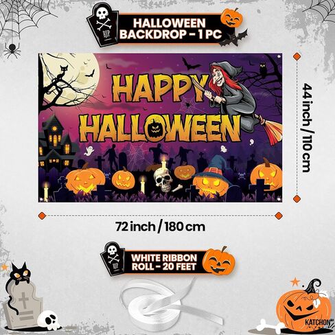 KatchOn, Spooky Happy Halloween Banner - XtraLarge, 72x44 Inch | Pumpkin Halloween Backdrop for Parties, Halloween Party Decorations | Blue Halloween Photo Backdrop, Skull Halloween Decorations Indoor in Saudi Arabia