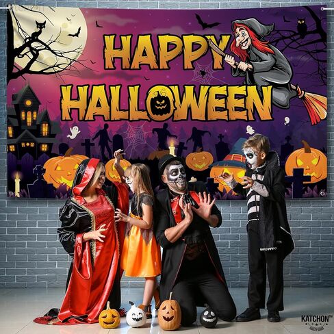 KatchOn, Spooky Happy Halloween Banner - XtraLarge, 72x44 Inch | Pumpkin Halloween Backdrop for Parties, Halloween Party Decorations | Blue Halloween Photo Backdrop, Skull Halloween Decorations Indoor in Saudi Arabia