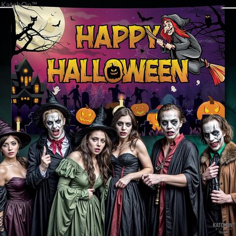 KatchOn, Spooky Happy Halloween Banner - XtraLarge, 72x44 Inch | Pumpkin Halloween Backdrop for Parties, Halloween Party Decorations | Blue Halloween Photo Backdrop, Skull Halloween Decorations Indoor in Saudi Arabia