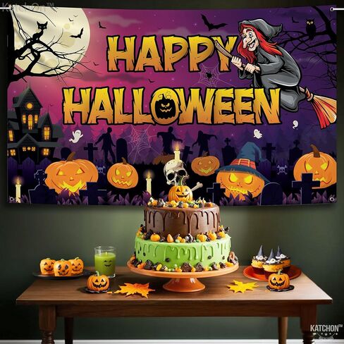KatchOn, Spooky Happy Halloween Banner - XtraLarge, 72x44 Inch | Pumpkin Halloween Backdrop for Parties, Halloween Party Decorations | Blue Halloween Photo Backdrop, Skull Halloween Decorations Indoor in Saudi Arabia
