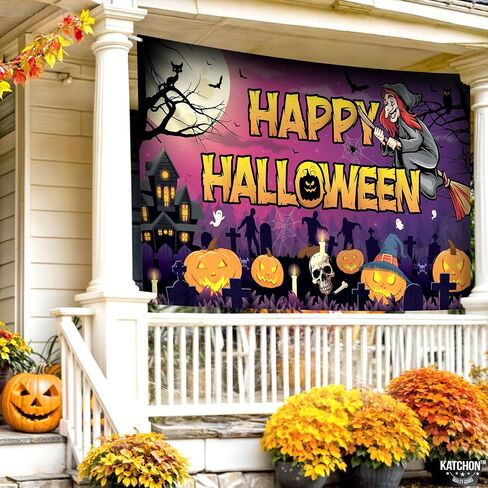 KatchOn, Spooky Happy Halloween Banner - XtraLarge, 72x44 Inch | Pumpkin Halloween Backdrop for Parties, Halloween Party Decorations | Blue Halloween Photo Backdrop, Skull Halloween Decorations Indoor in Saudi Arabia