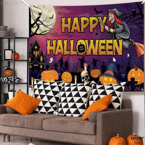 KatchOn, Spooky Happy Halloween Banner - XtraLarge, 72x44 Inch | Pumpkin Halloween Backdrop for Parties, Halloween Party Decorations | Blue Halloween Photo Backdrop, Skull Halloween Decorations Indoor in Saudi Arabia
