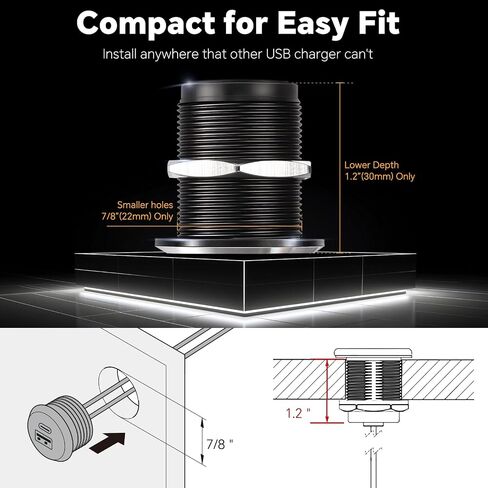 RV USB Outlet All-aluminum QC 3.0 USB-A & USB-C PD Dual High-speed Charging Socket, Recessed Mount 12V USB Type-A Type-C Charger Station for Camper Van Trailer RV Boat Truck (Small Version*2) in Kuwait