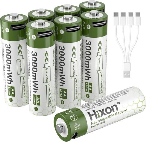 Hixon 1.5V USB Rechargeable Lithium Batteries AA Size,3000mWh Double AA Rechargeable Battery,Charges 1.5 Hours, Over 1000 Cycles, 4-in-1 USB-A to USB-C Charging Cable, LED Charge Indicator, 8-Pack in Saudi Arabia