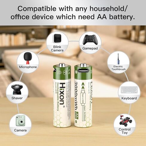 Hixon 1.5V USB Rechargeable Lithium Batteries AA Size,3000mWh Double AA Rechargeable Battery,Charges 1.5 Hours, Over 1000 Cycles, 4-in-1 USB-A to USB-C Charging Cable, LED Charge Indicator, 8-Pack in Saudi Arabia