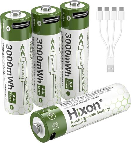 Hixon 1.5V USB Rechargeable Lithium Batteries AA Size,3000mWh Double AA Rechargeable Battery,Charges 1.5 Hours, Over 1000 Cycles, 4-in-1 USB-A to USB-C Charging Cable, LED Charge Indicator, 8-Pack in Saudi Arabia
